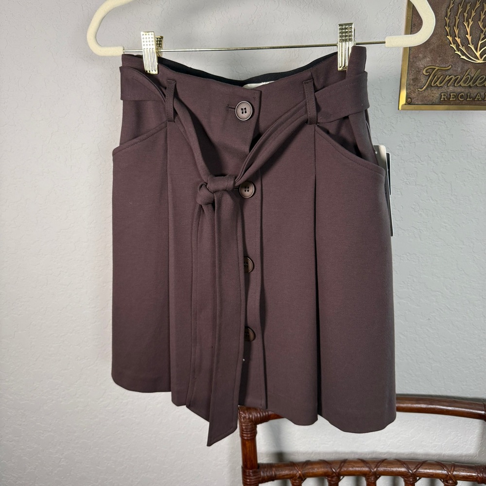 RD Style Womens Button Front Tie Waist Mini Skirt Brown XS Pockets Stretch